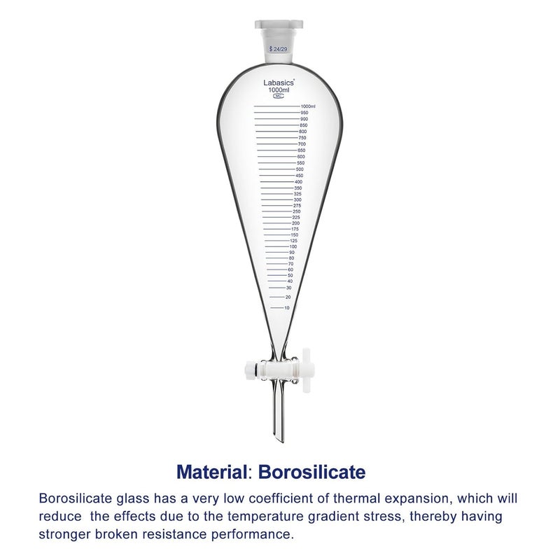 Labasics Graduated Separatory Funnel, 1000 ml Heavy Wall Borosilicate Glass Separating Funnel with 24/29 Joint and PTFE Stopcock - Image 3